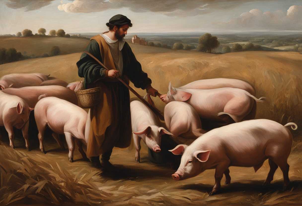 A-man-gazes-into-the-distance-while-tending-to-pigs-in-a-desolate-field_jfnz