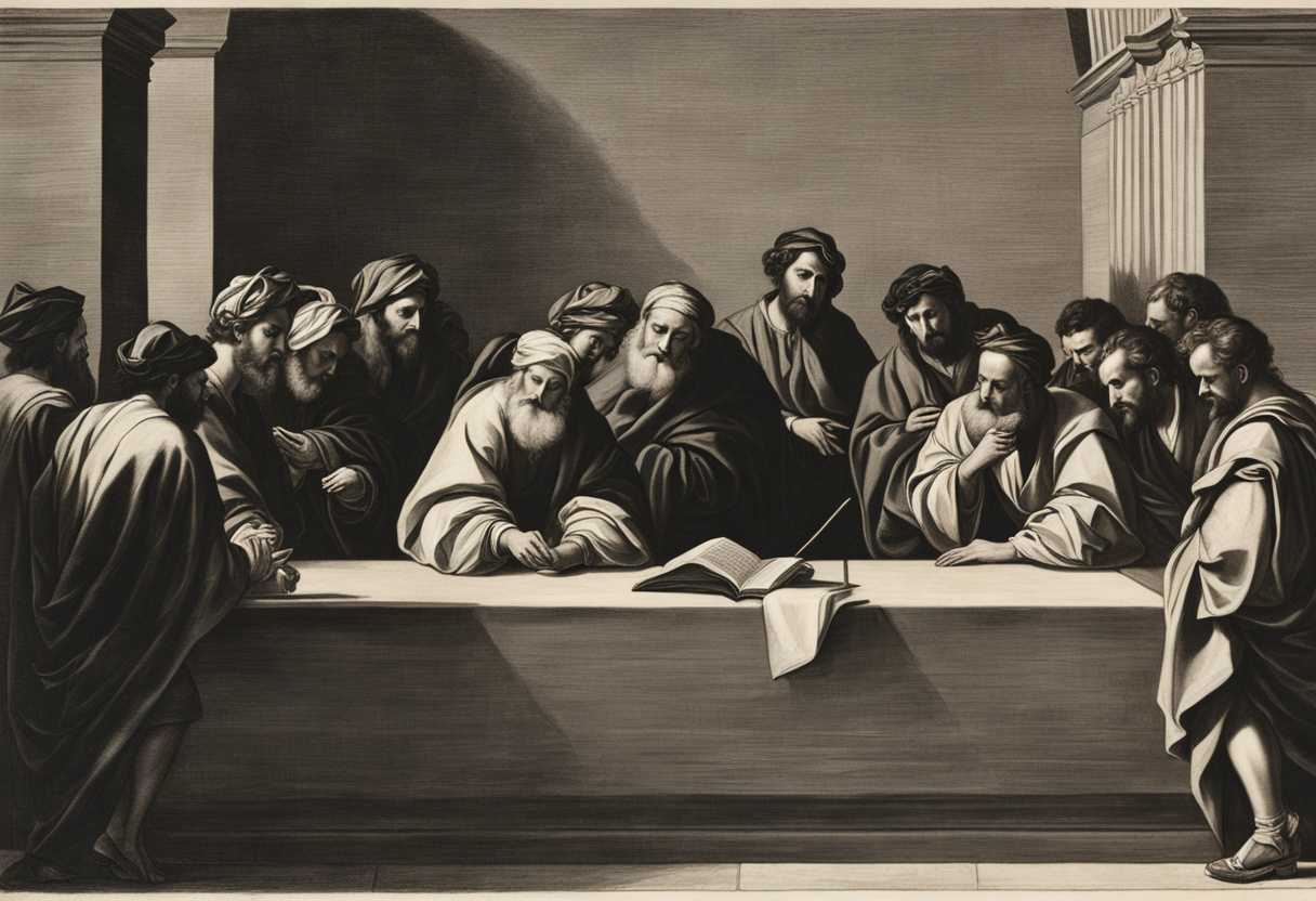 Pharisees-and-scribes-exchange-disapproving-glances-tense-and-judgmental-in-dramatic-shadows_glvd