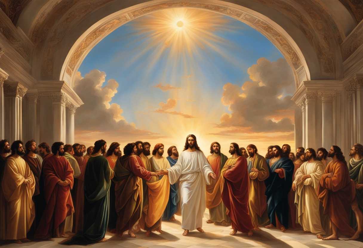 Jesus-stands-among-ten-people-each-with-different-expressions-bathed-in-warm-sunset-glow_boty