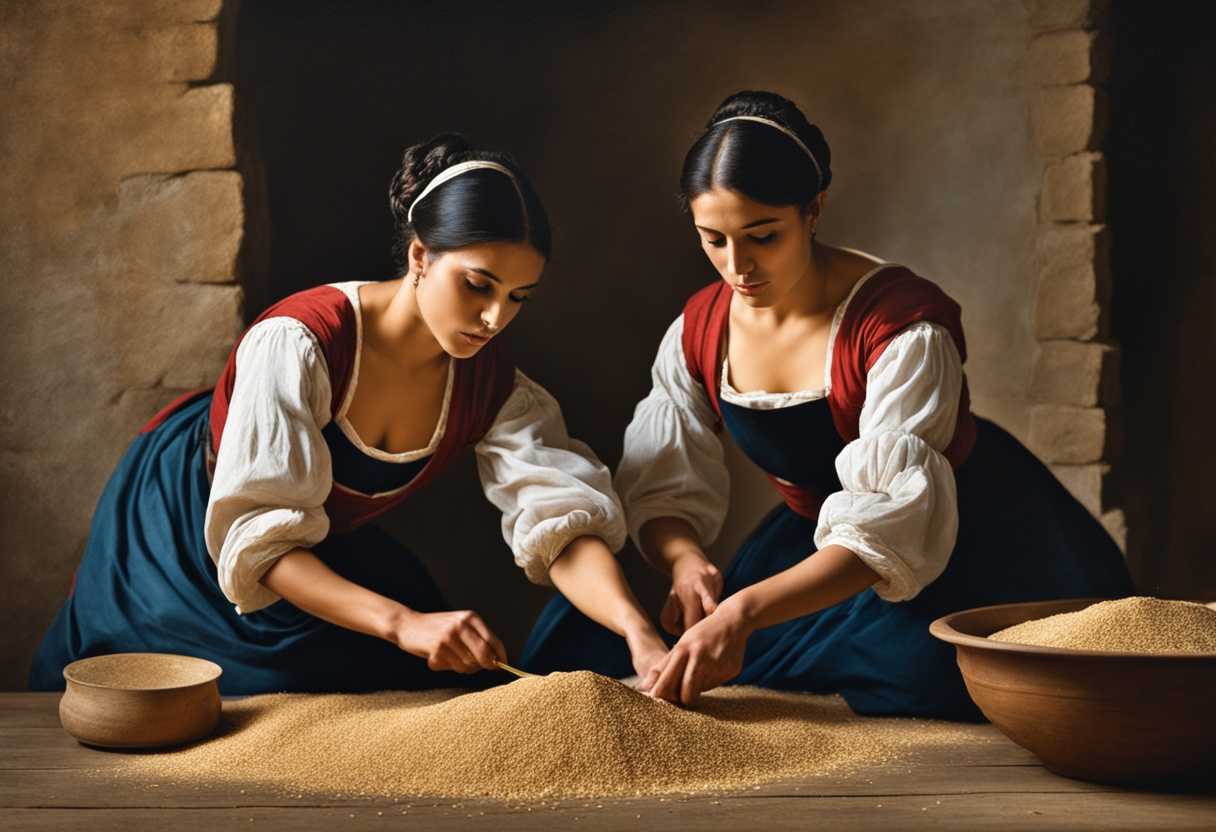Two-women-in-traditional-attire-grind-grain-in-rustic-setting-showing-synchronized-movements-and-co_ovvk