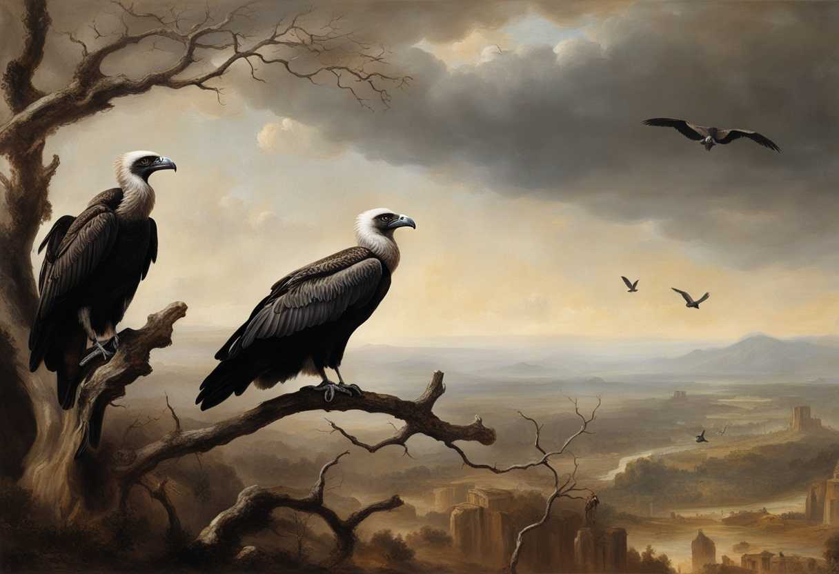 Vultures-perched-on-bare-tree-sharp-beaks-and-piercing-eyes-creating-a-haunting-scene_fceh