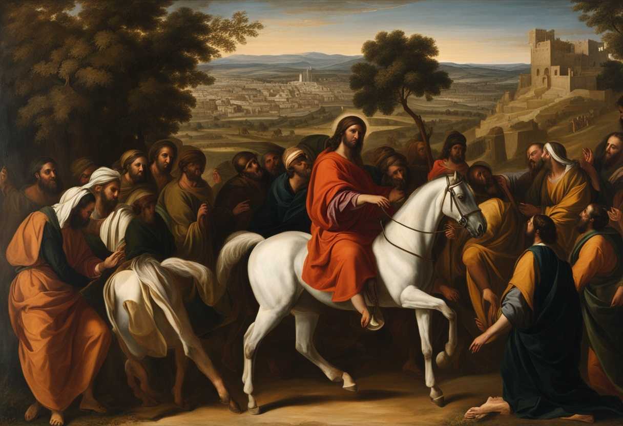 Jesus-and-disciples-peacefully-ride-a-colt-on-Mount-of-Olives-surrounded-by-reverence-and-glory_cjie