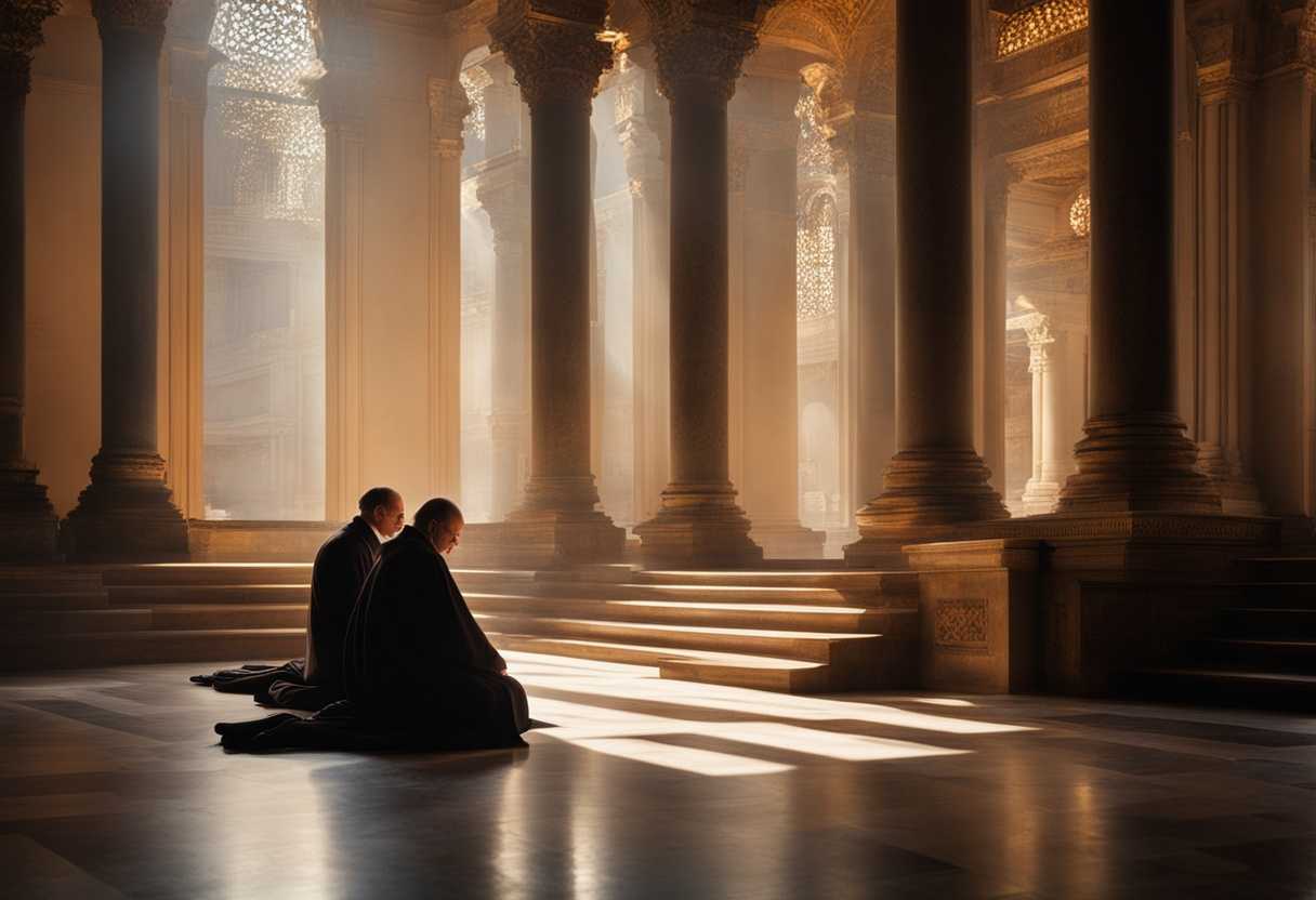 Priestly-couple-in-prayer-at-temple-serene-elegant-modest-warm-sunlight-devout_axlr