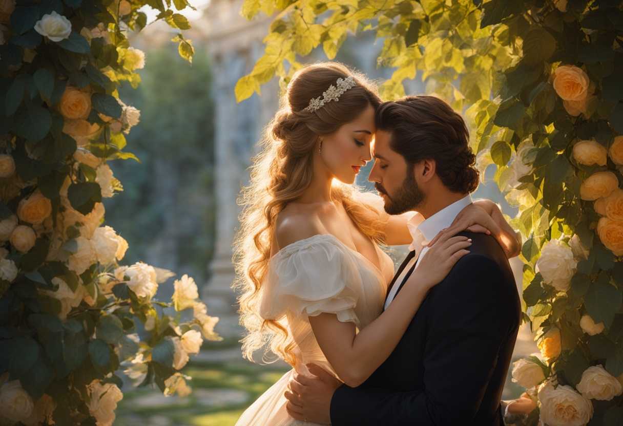Couple-embraces-in-a-sunlit-garden-exuding-love-and-tenderness-in-flowing-attire_fmwf
