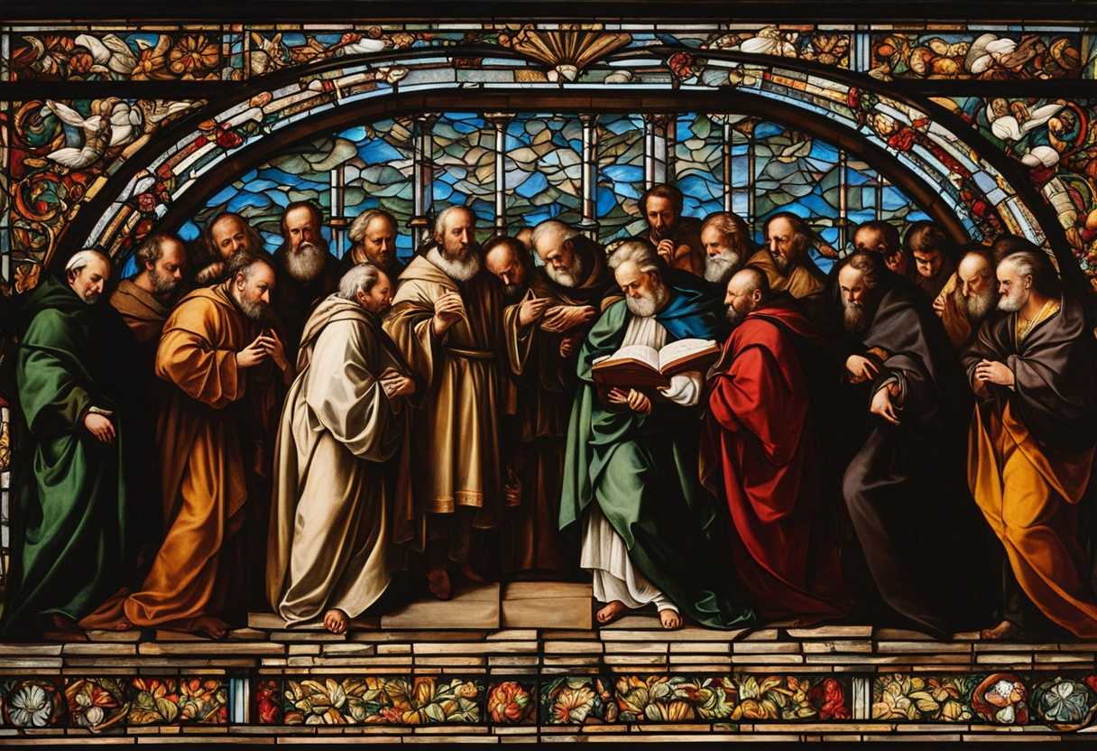 Religious-leaders-in-ornate-robes-pray-solemnly-under-stained-glass-light-revealing-piety-and-decei_deua
