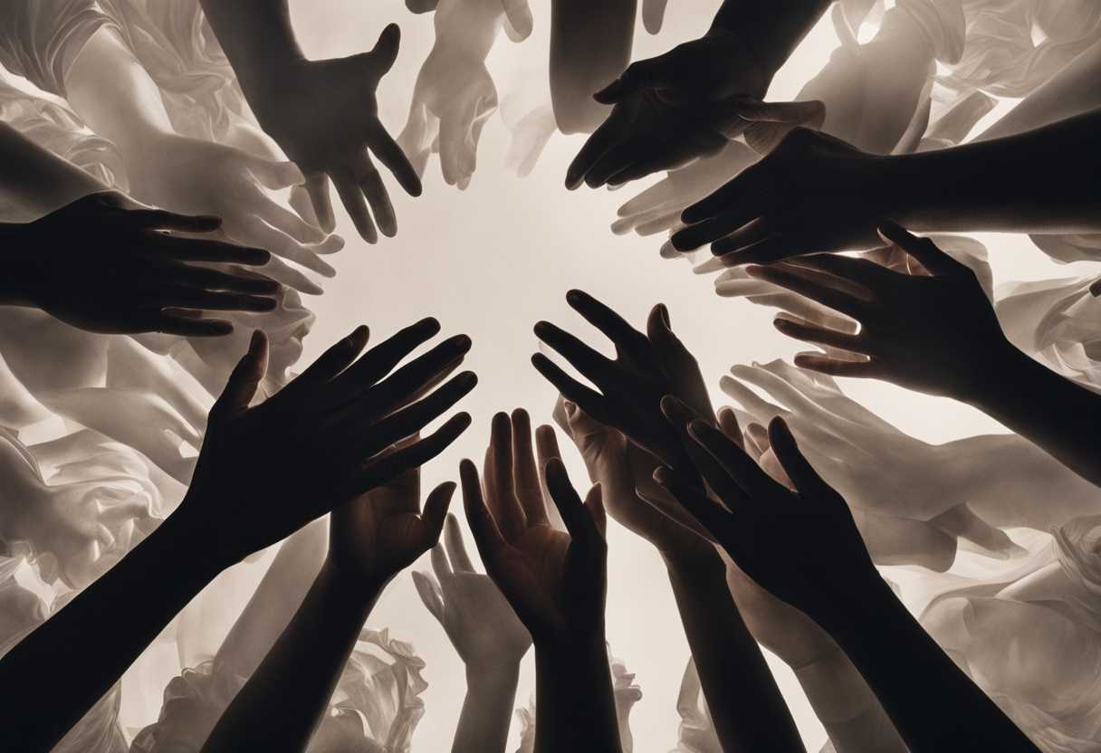 A-diverse-group-huddled-in-shadows-hands-raised-in-unity-conveying-urgency-and-determination_zafb