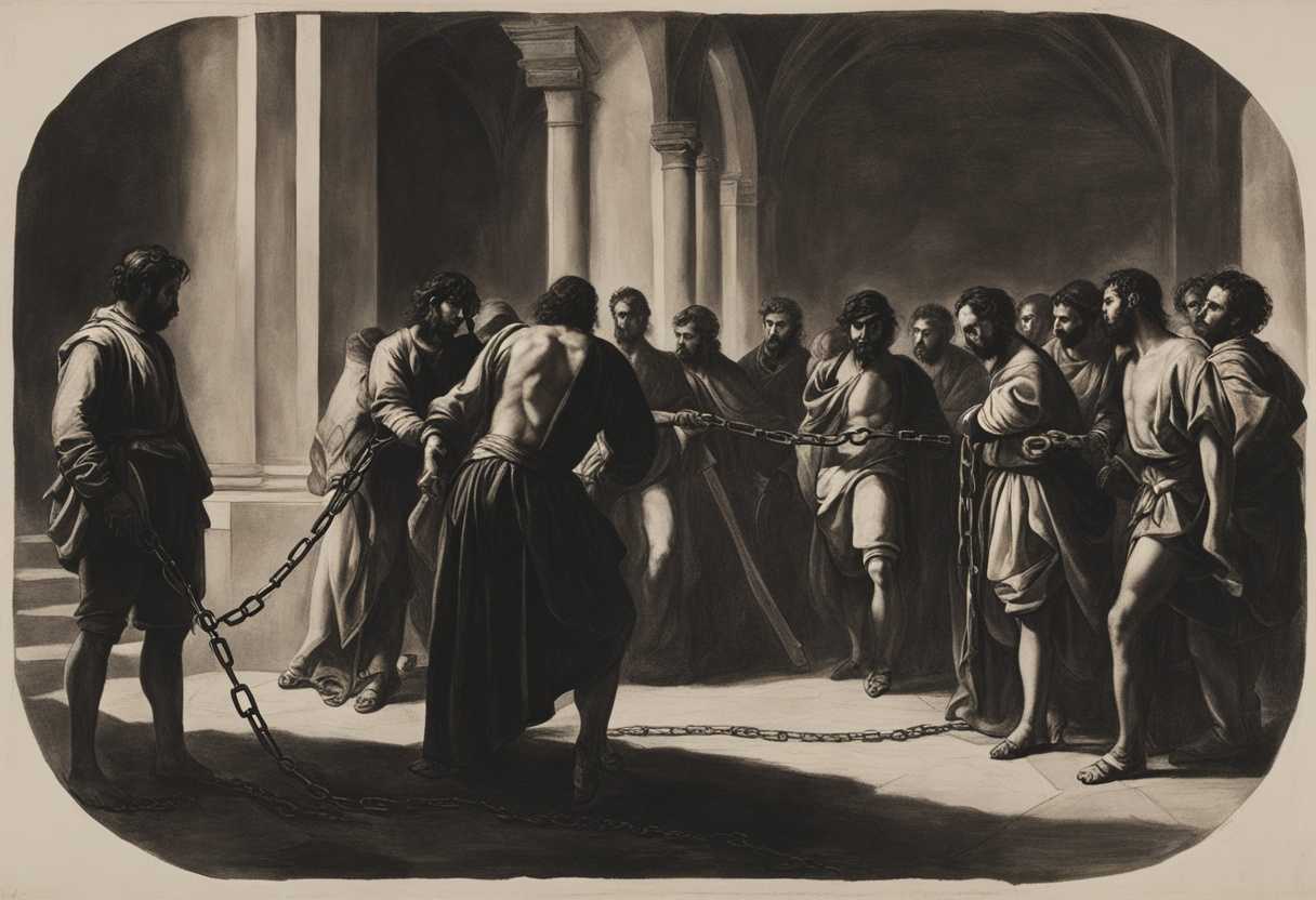 A-group-of-persecuted-individuals-stand-defiantly-in-chains-under-harsh-lighting_virn