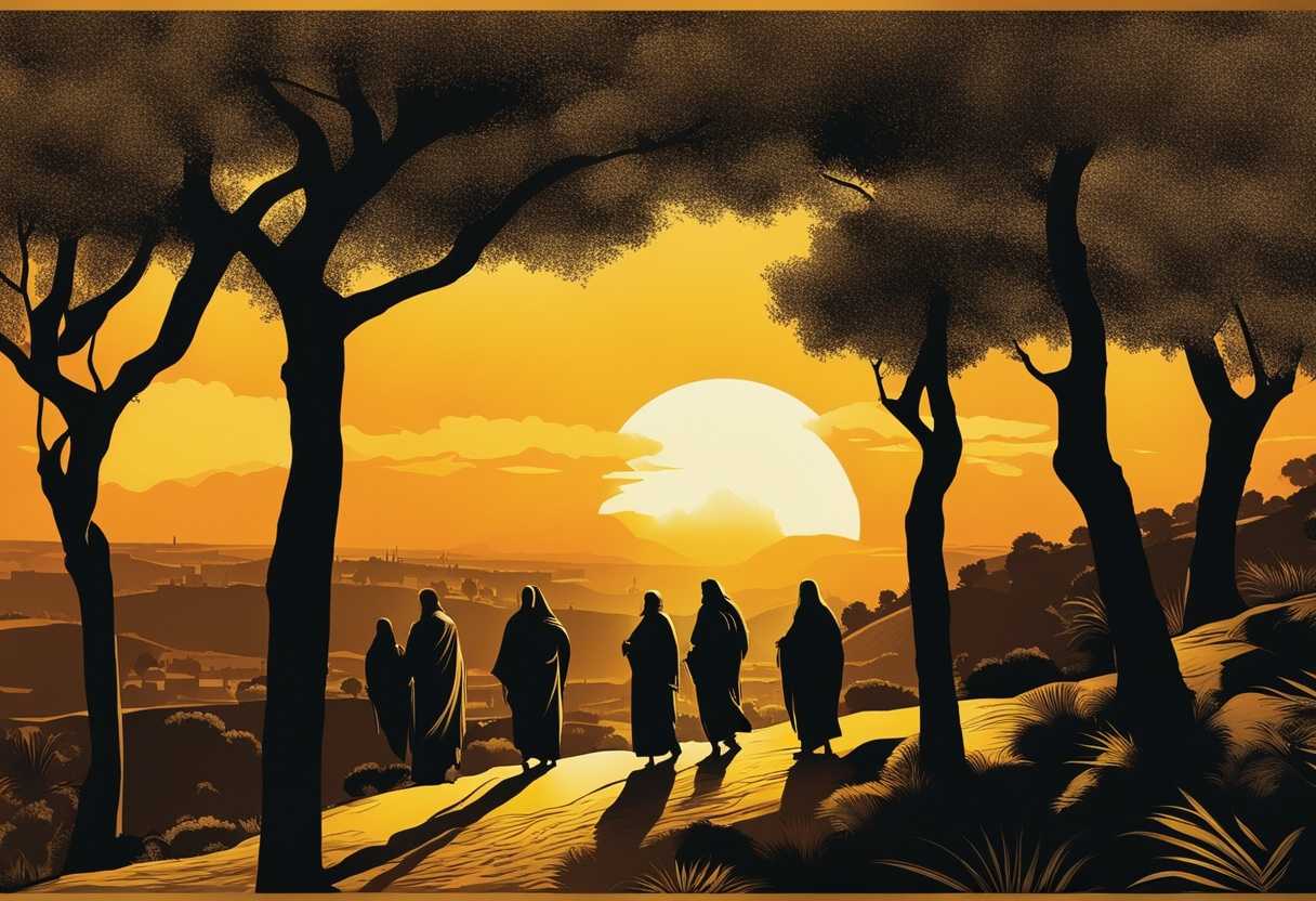 Jesus-and-disciples-walk-on-Mount-of-Olives-at-sunset-silhouetted-against-golden-sky_bvsl