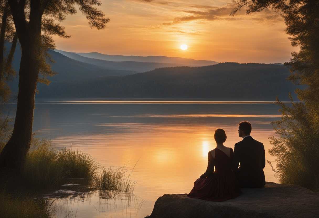 Two-people-sit-by-a-calm-lake-at-sunset-sharing-a-moment-of-deep-understanding_zosi