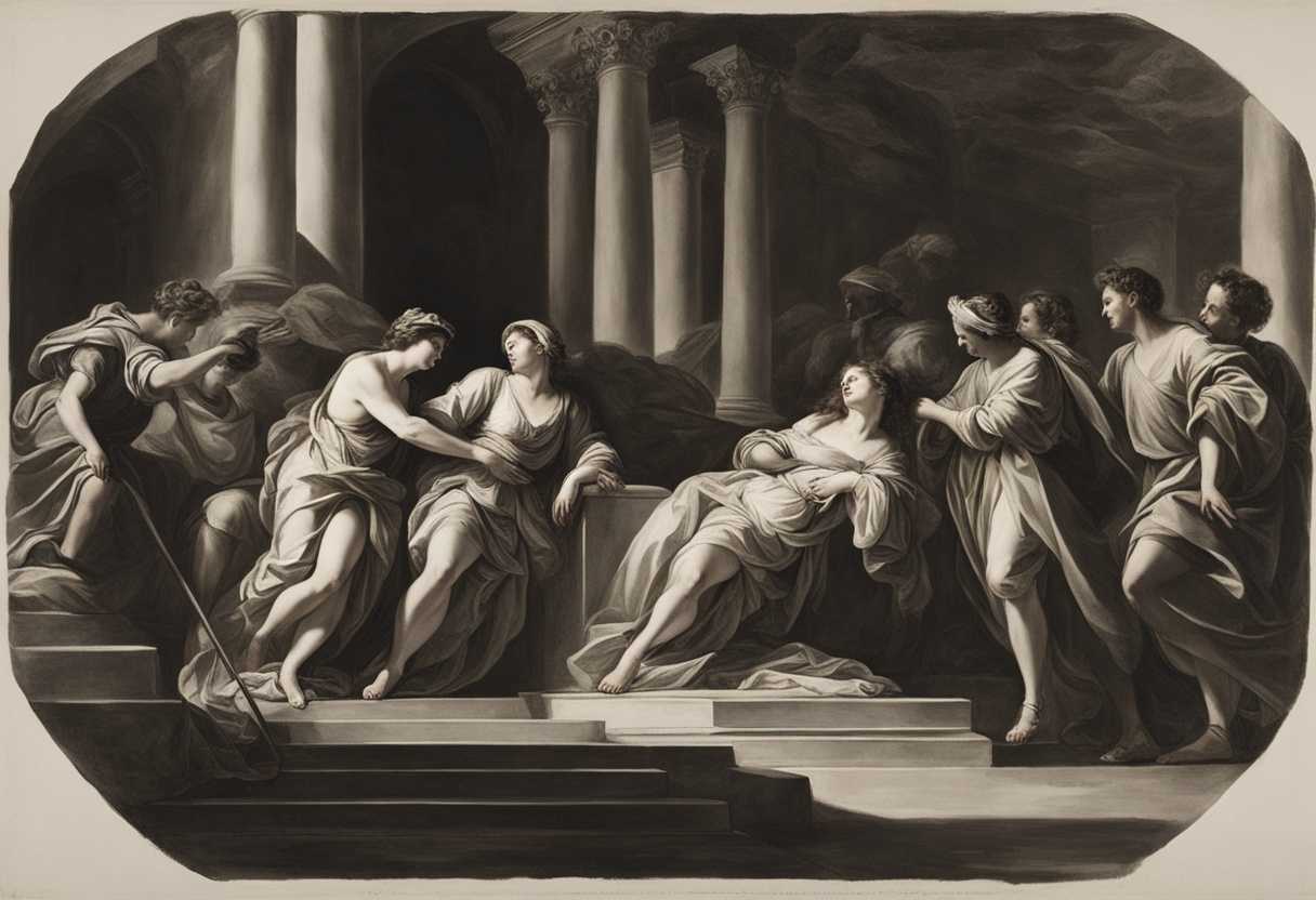 Women-at-tomb-encounter-men-in-dazzling-apparel-struck-with-fear-and-awe-in-dramatic-light_kzws