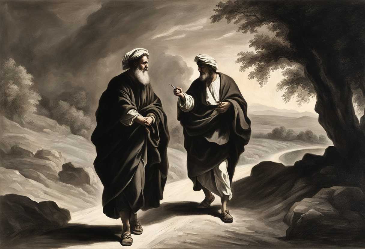 Two-travelers-on-dusty-road-to-Emmaus-deep-in-conversation-faces-aglow-with-concern_tabe