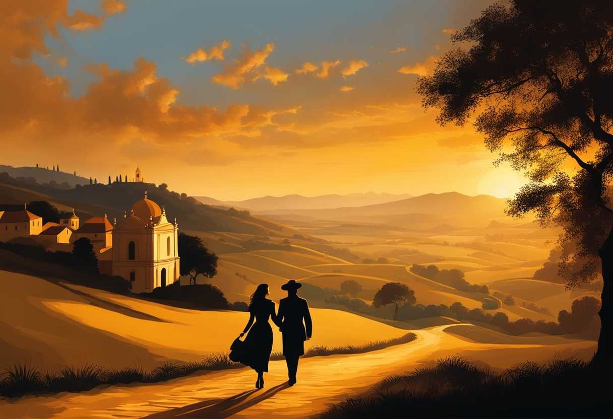 Romantic-couple-strolling-towards-village-at-sunset-silhouettes-in-warm-golden-light-intimate-gest_jdtw