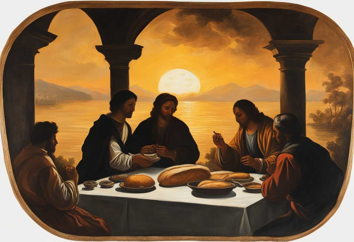 People-at-a-table-under-a-sunset-receiving-bread-from-a-mysterious-figure-feeling-spiritual_wqjh