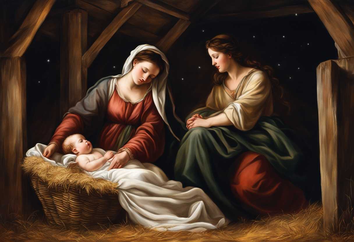 Mother-swaddles-newborn-in-manger-shepherds-tend-flock-under-starlit-sky-in-rustic-scene_uxxx