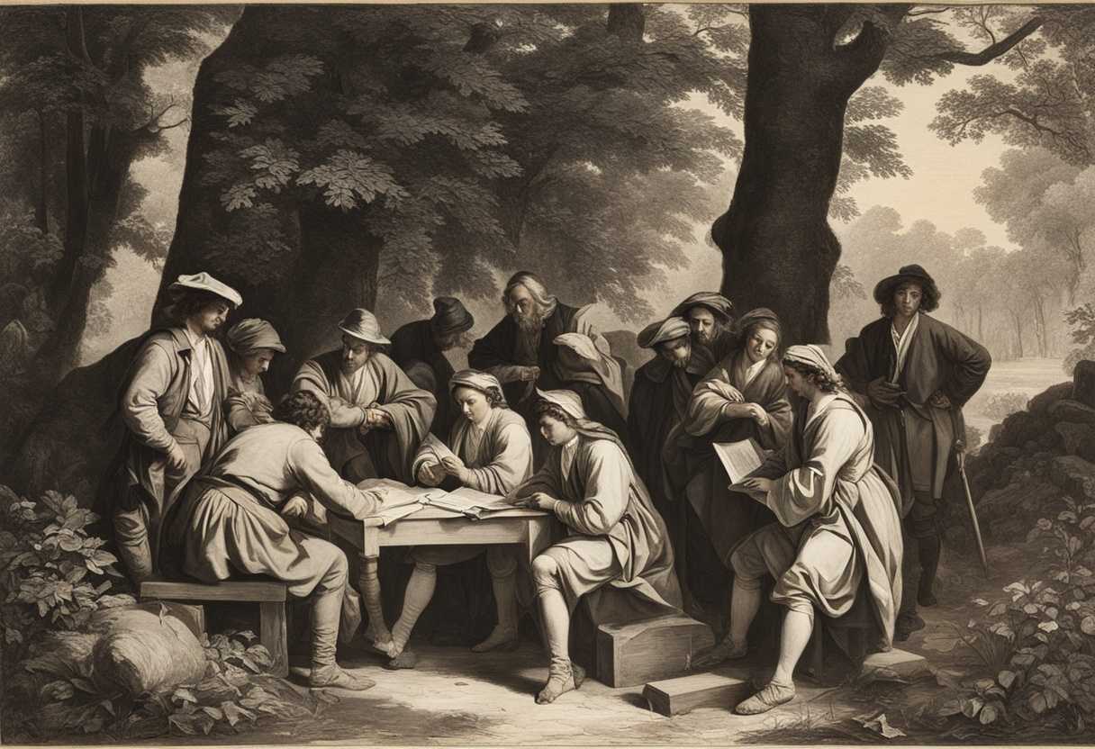 Tax-collectors-gather-around-a-teacher-in-a-forest-clearing-seeking-guidance-under-dappled-sunlight_vgrz