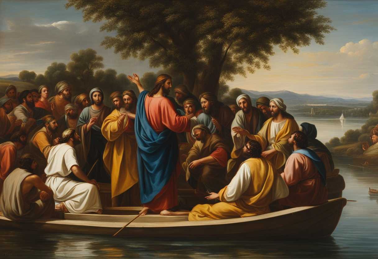 Jesus-teaches-crowd-by-Lake-Gennesaret-miraculous-fish-catch-with-Simon-Peter-and-fishermen_fqtn