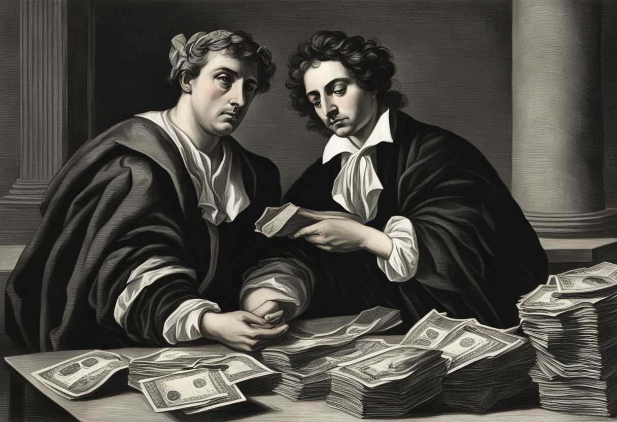 Tense-scene-in-dimly-lit-room-moneylender-sternly-eyes-worried-debtor-with-unequal-debt-burden_pajh