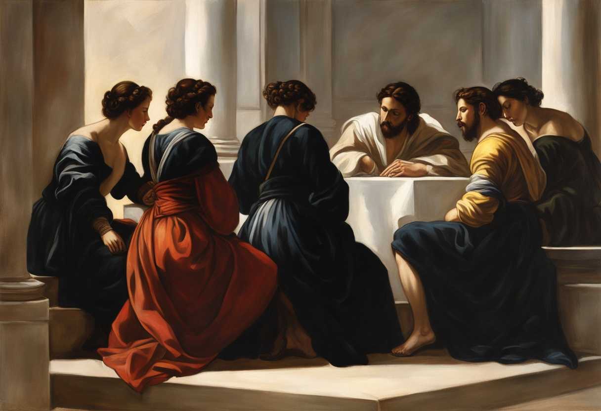 People-in-a-circle-heads-bowed-deep-conversation-warm-sunlight-contemplative-atmosphere-raw-emo_itlp
