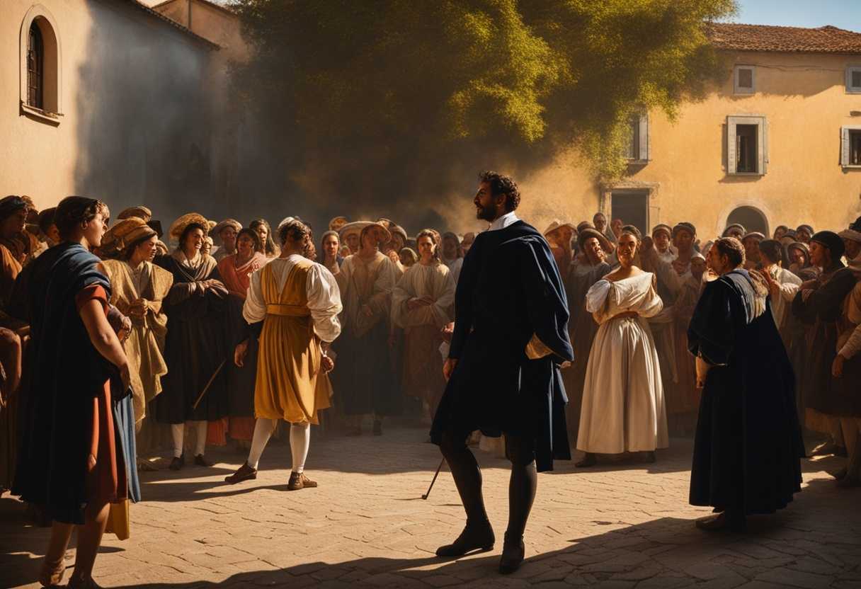 Confident-leader-captivates-crowd-in-village-square-at-sunset-casting-dramatic-shadows_zqgx