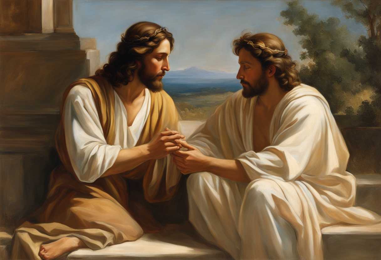 Jesus-and-a-man-share-a-serene-spiritual-moment-under-warm-sunlight-exchanging-earnest-words_unir