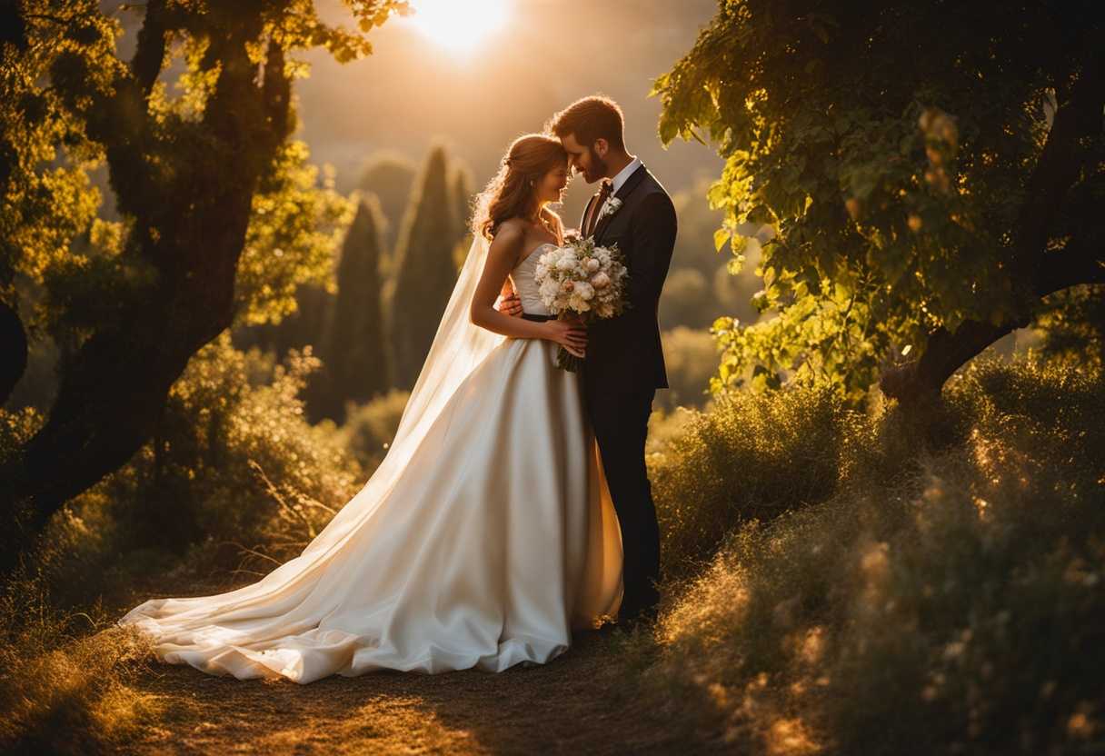 Wedding-couple-in-embrace-surrounded-by-nature-bathed-in-sunlight-symbolizing-eternal-love_wnzf