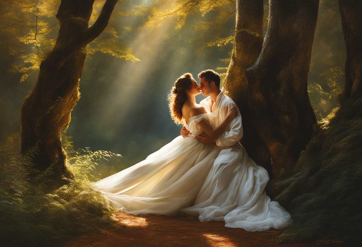 A-couple-embraces-in-a-sunlit-forest-their-love-captured-in-a-timeless-moment_quff