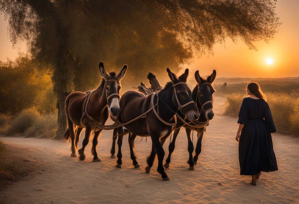 People-peacefully-guiding-a-donkey-through-a-serene-sunset-embodying-cooperation-and-quiet-strength_muwy