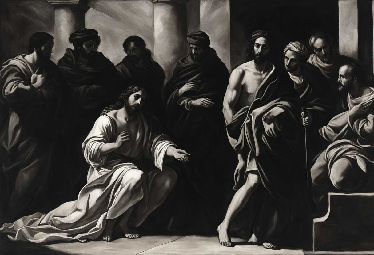 Judas-stands-alone-in-shadows-torn-by-betrayal-under-the-watchful-eyes-of-priests_fong