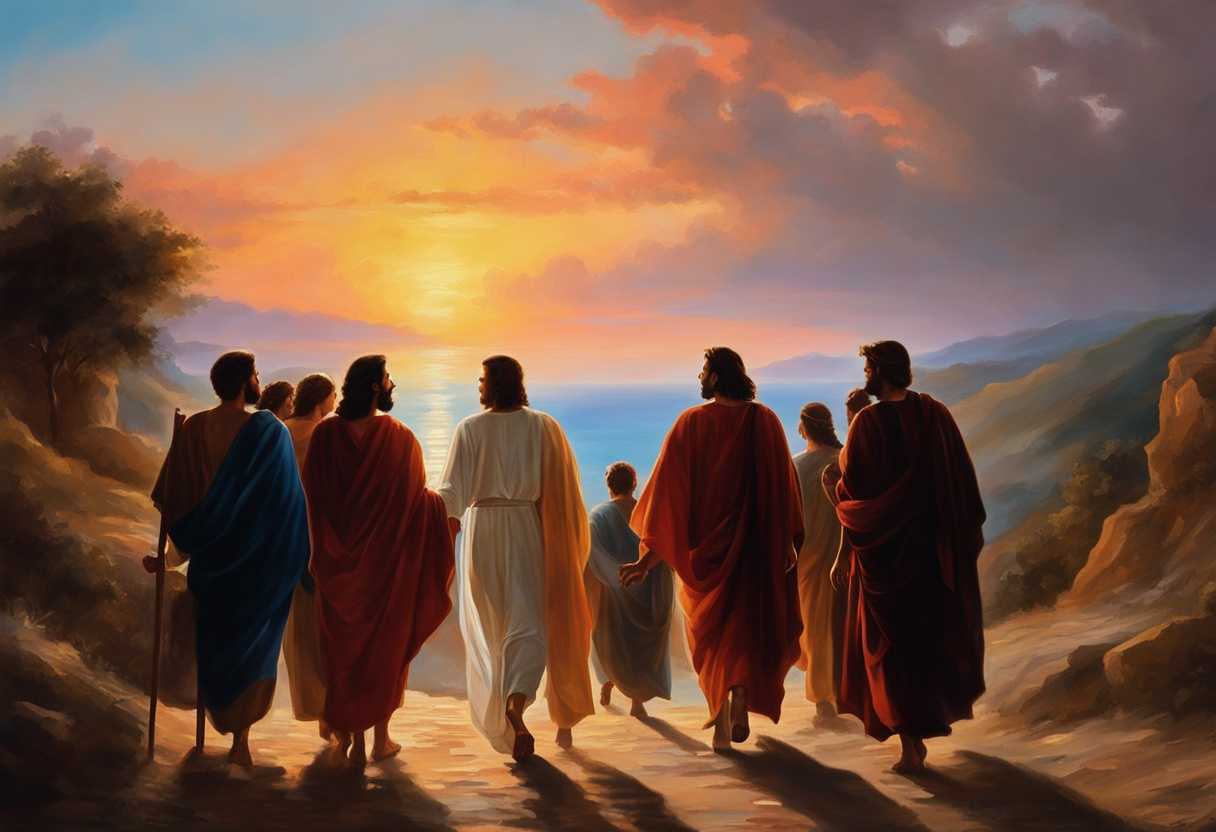 Jesus-and-disciples-walk-together-at-sunset-silhouetted-against-colorful-sky-united-in-purpose_brhv