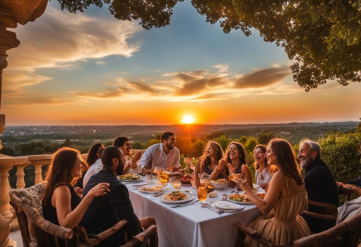 Friends-enjoying-a-sunset-feast-with-laughter-delicious-food-and-heartfelt-conversations-creating_lkgc