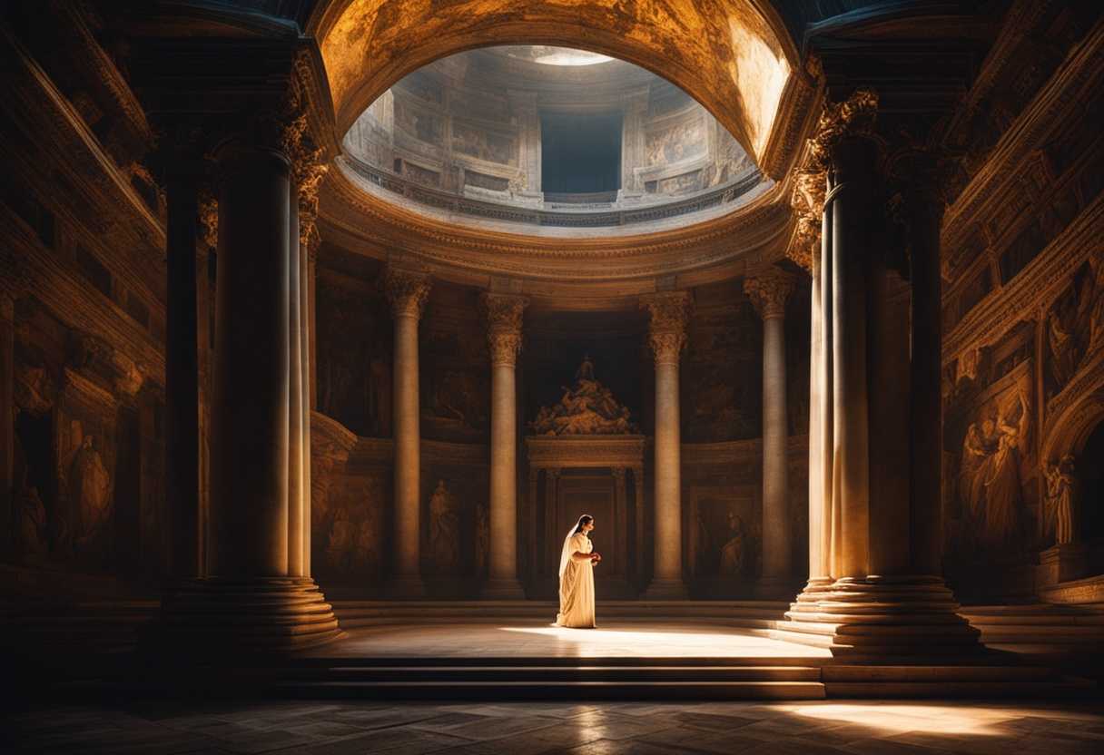 Person-passionately-speaks-in-ancient-temple-dramatic-lighting-casts-shadows-mystery-and-grandeur_dpnr