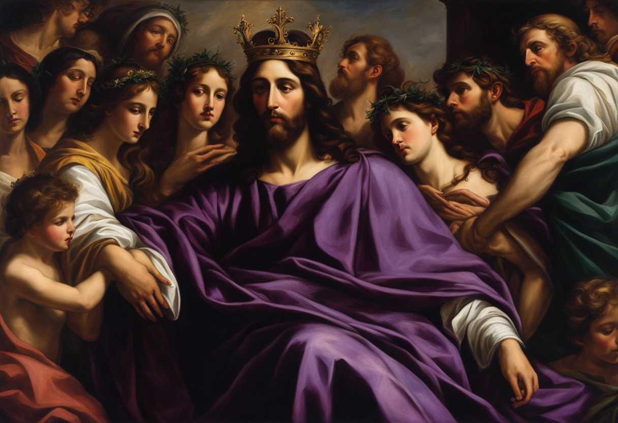 Jesus-in-purple-cloak-thorn-crown-surrounded-by-intense-dramatic-people-in-solemn-setting_rmko