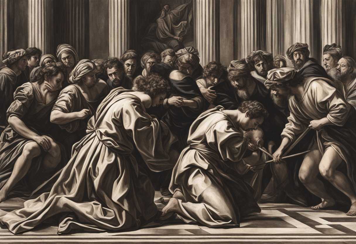 Dramatic-scene-People-kneeling-in-homage-striking-heads-with-reed-showing-intense-emotion_tjha