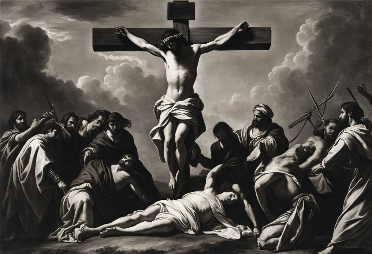 Dramatic-scene-of-individuals-dividing-garments-at-Jesus'-crucifixion-with-powerful-visual-contrast_yrue
