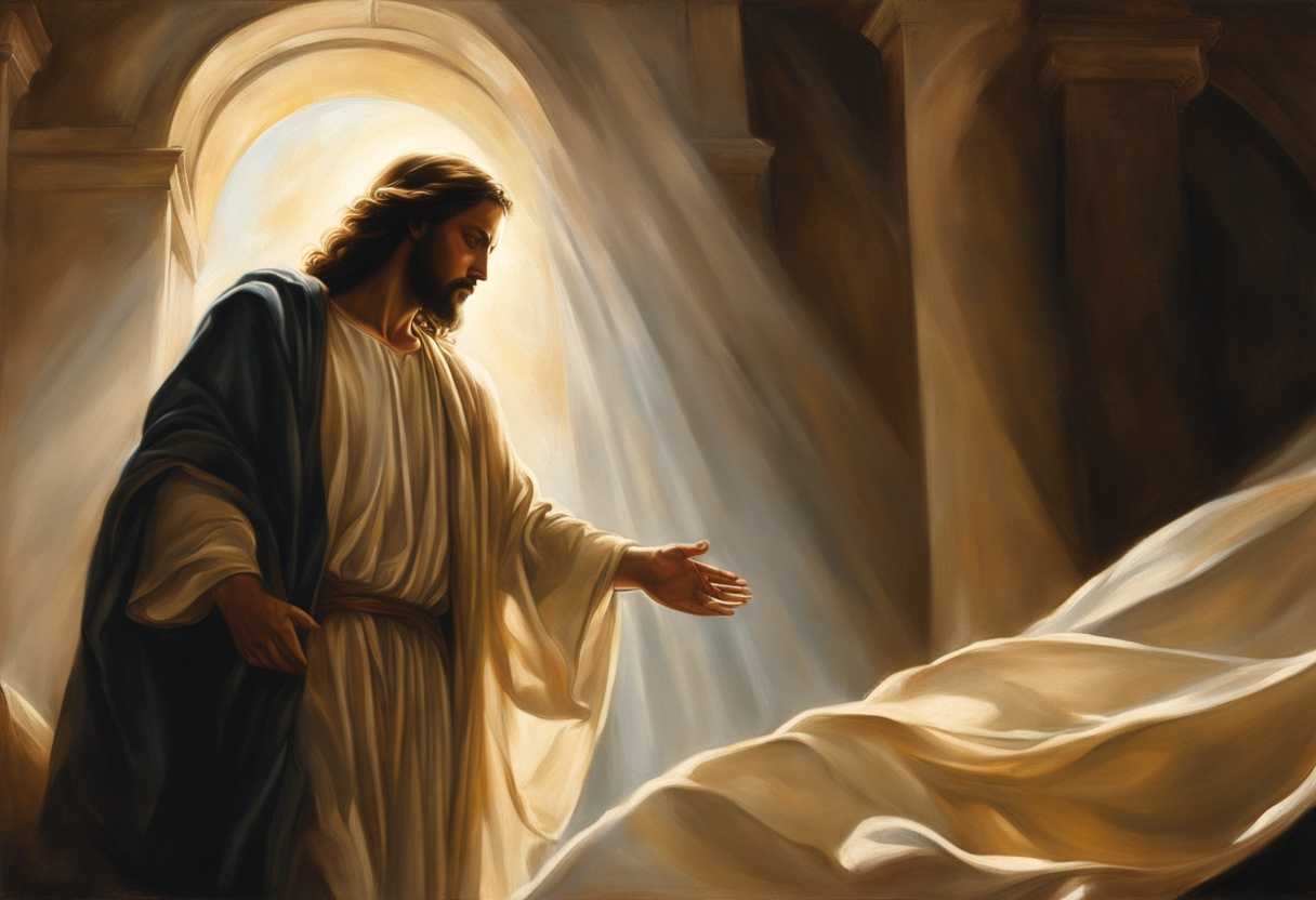 Jesus-stands-with-outstretched-arms-head-bowed-as-light-shines-dramatically-through-a-torn-temple-_cnob