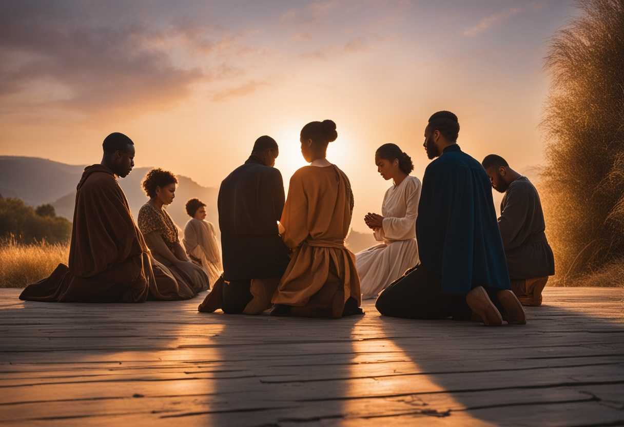 A-diverse-group-of-individuals-pray-together-at-sunset-united-in-faith-and-purpose_mwle