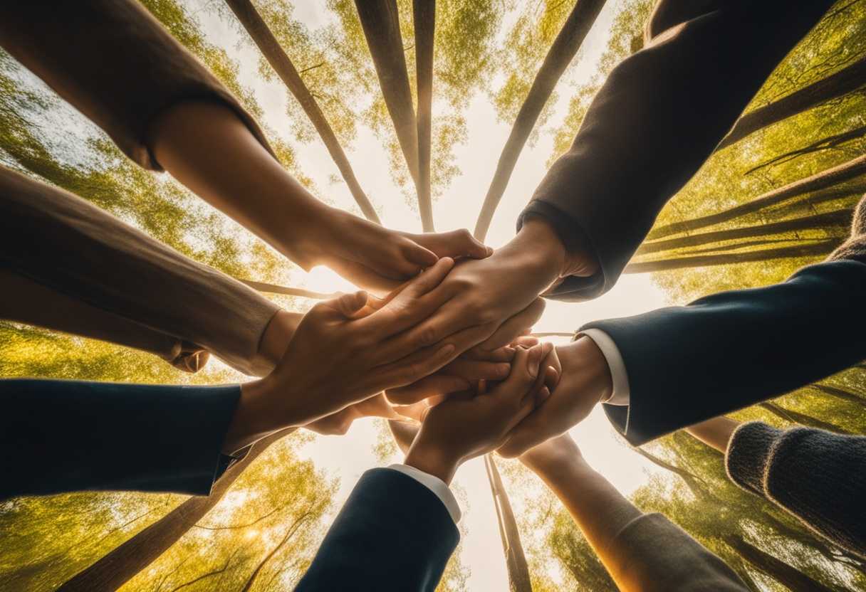 People-in-a-circle-hands-touching-sunlight-through-trees-serene-faith-determination-hope-heal_jjmx