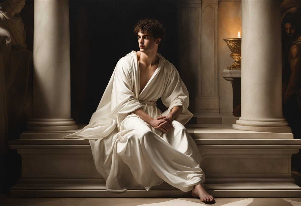 A-young-man-in-a-white-robe-sits-beside-a-tomb-bathed-in-dramatic-lighting_akfr