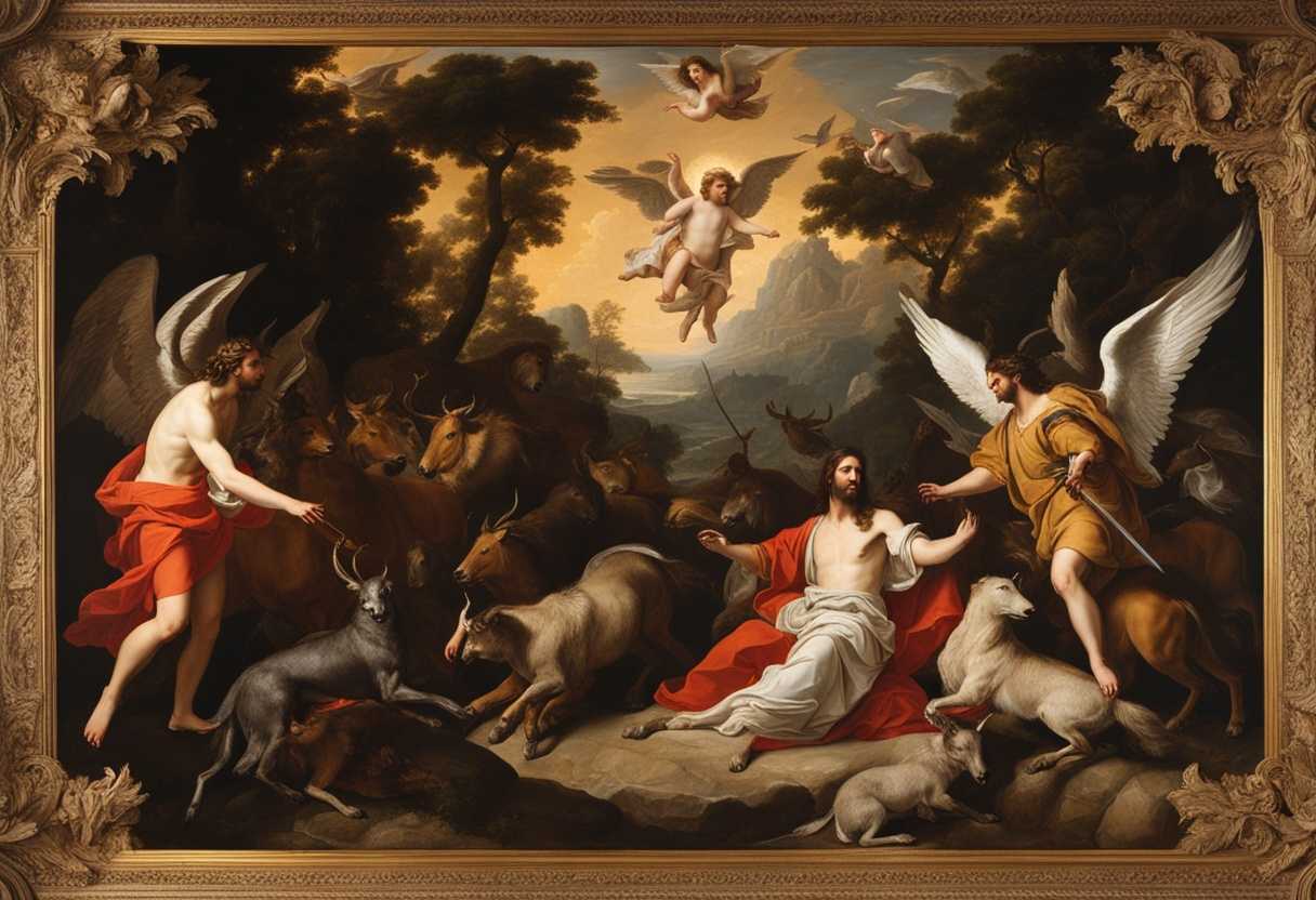 Jesus-confronts-Satan-amidst-wild-animals-guarded-by-angels-in-a-rugged-wilderness_lqvi