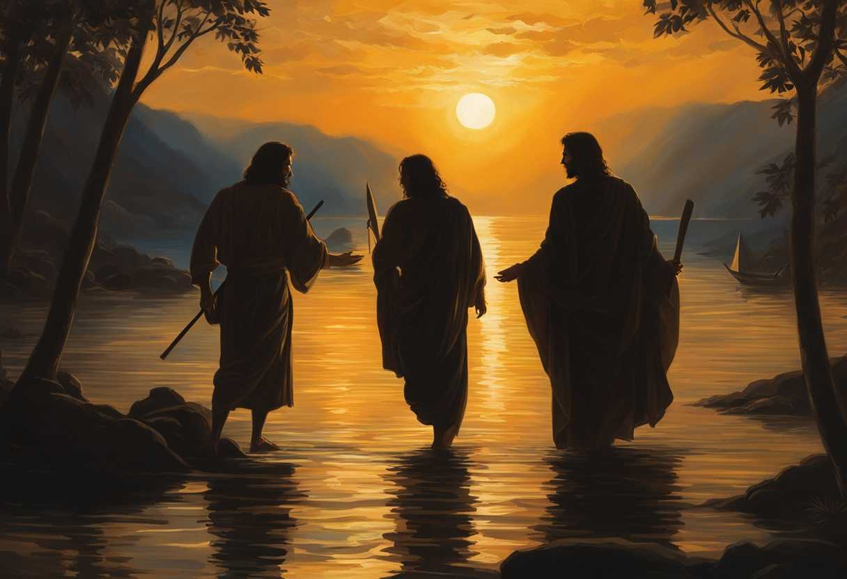 Jesus-and-disciples-at-sunset-silhouettes-against-golden-light-leaving-nets-purposeful-expression_miif