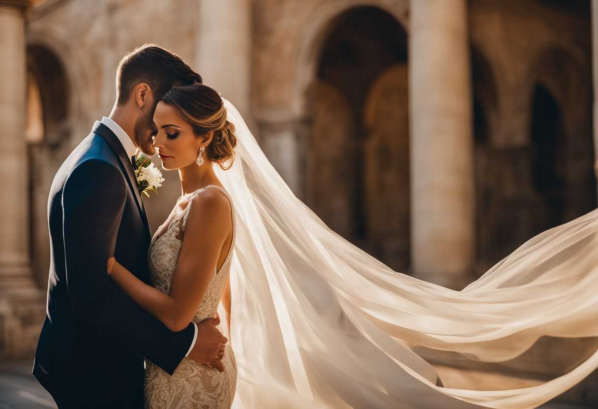 Bride-and-groom-embrace-in-golden-light-elegant-contrast-of-flowing-gown-and-sharp-suit_isau