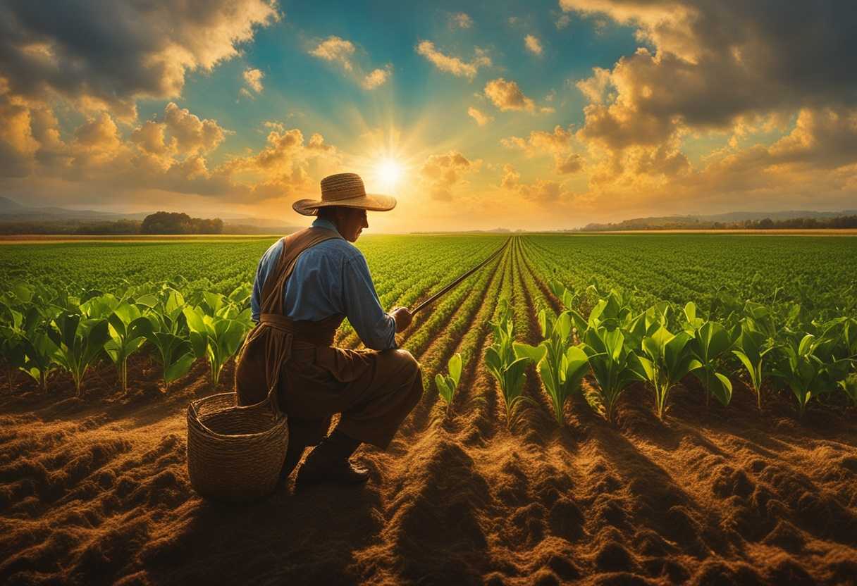 A-farmer-plants-seeds-in-vibrant-fields-sunlight-filtering-through-clouds-nature's-rhythm-alive_qimc