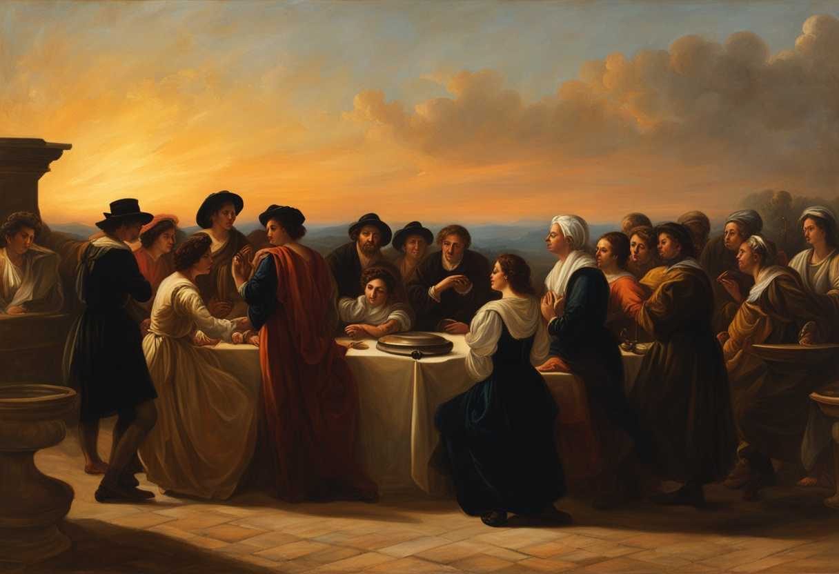 People-gathered-around-a-speaker-at-sunset-engrossed-in-dramatic-storytelling-under-a-golden-sky_lwsn