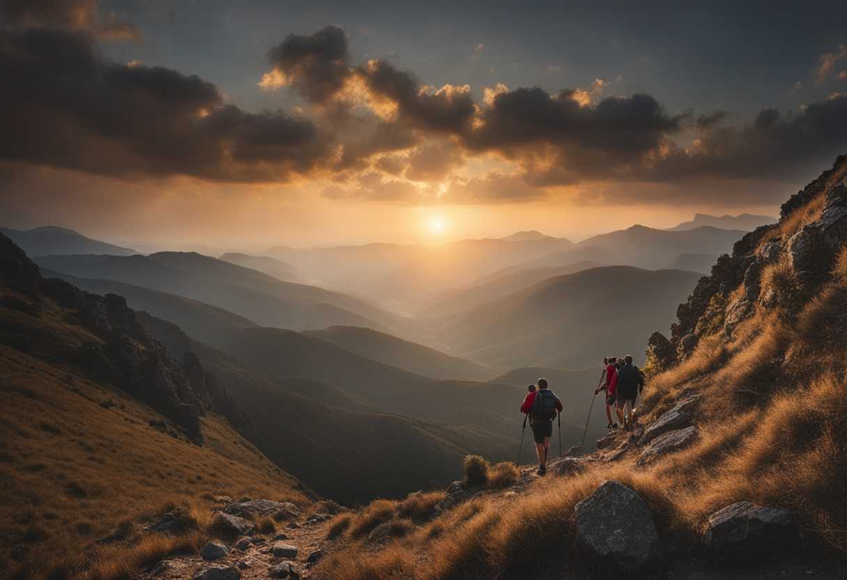 A-group-of-hikers-silently-descending-a-rugged-mountain-at-sunset-shrouded-in-mystery_iywo