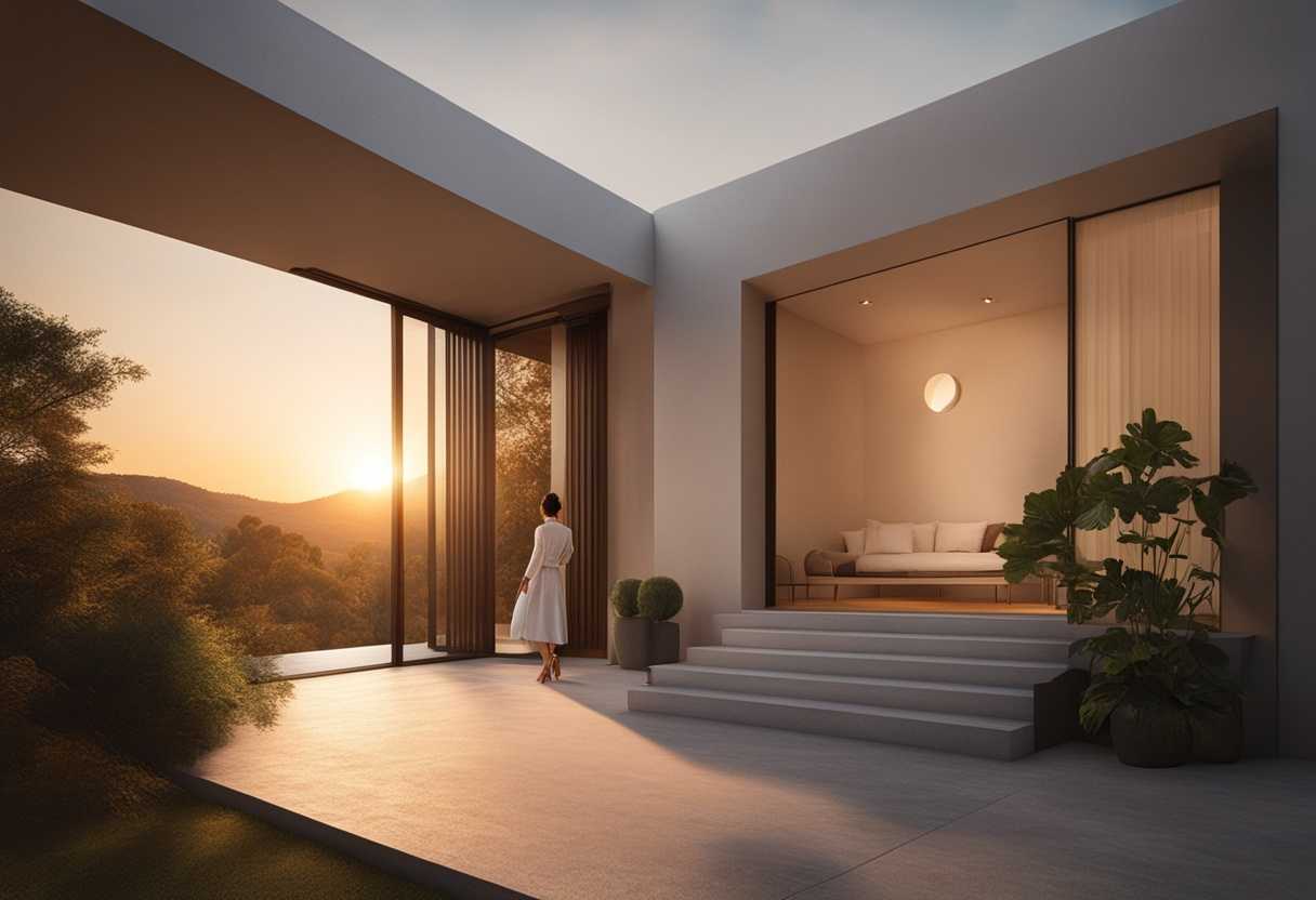 Person-entering-a-warm-tranquil-house-at-sunset-embodying-harmony-with-nature-and-timelessness_eybz