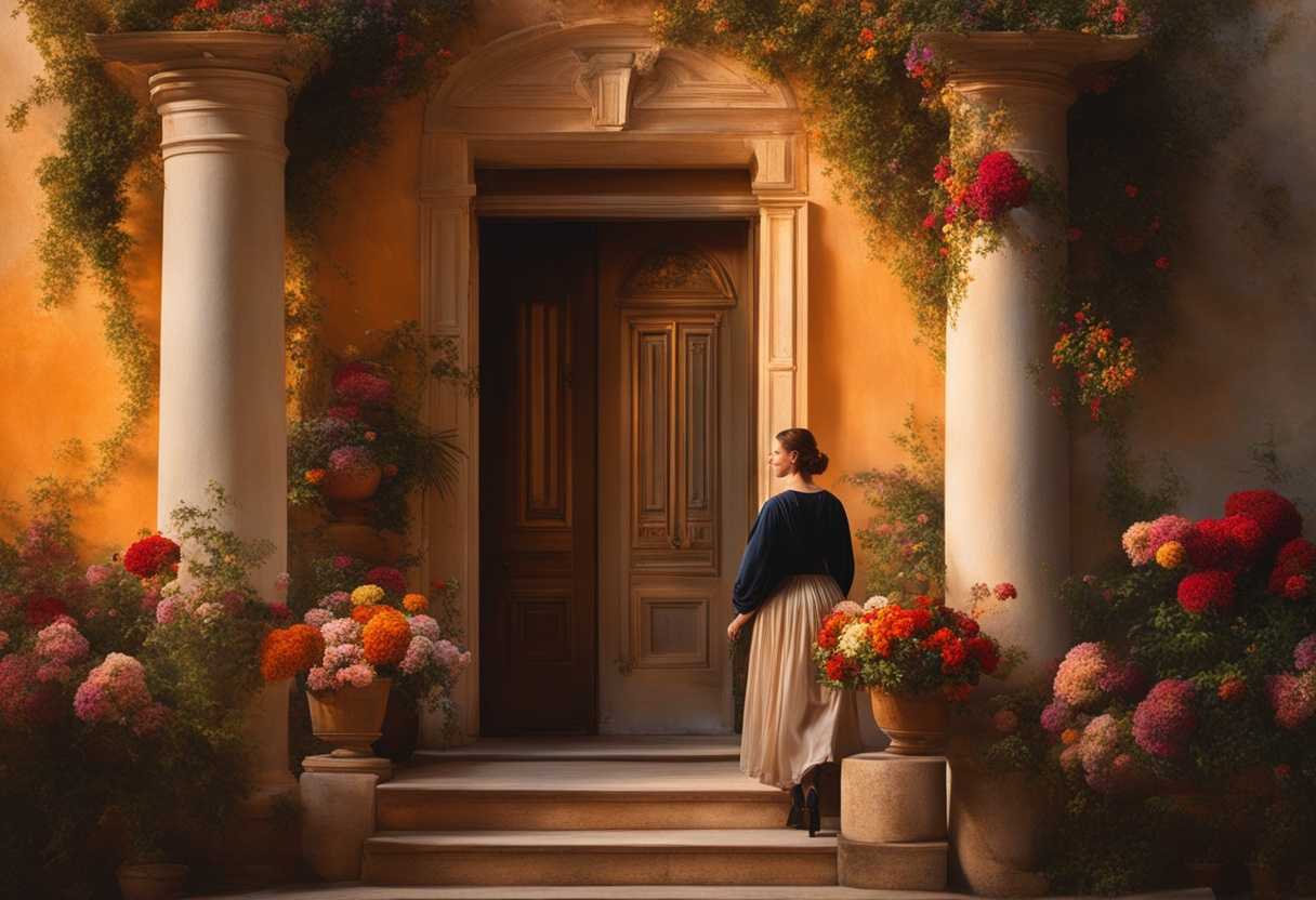 Person-entering-a-warmly-lit-house-at-sunset-greeted-with-outstretched-hand-and-vibrant-flowers_dgqf