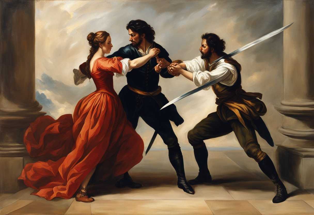 Dramatic-standoff-between-man-and-woman-with-raised-swords-tense-emotions-and-intense-lighting_vbmr