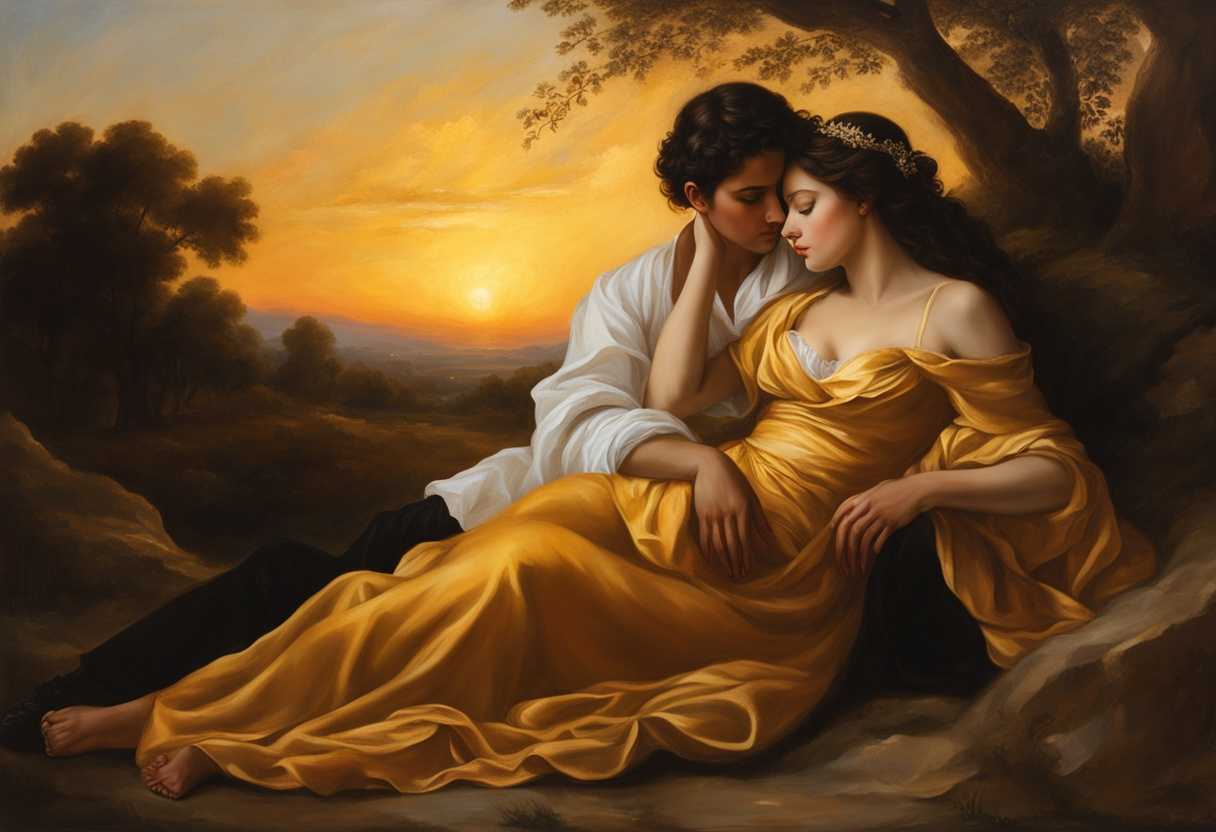 Couple-in-golden-sunset-embrace-gazing-deeply-tender-touch-timeless-love_snrf