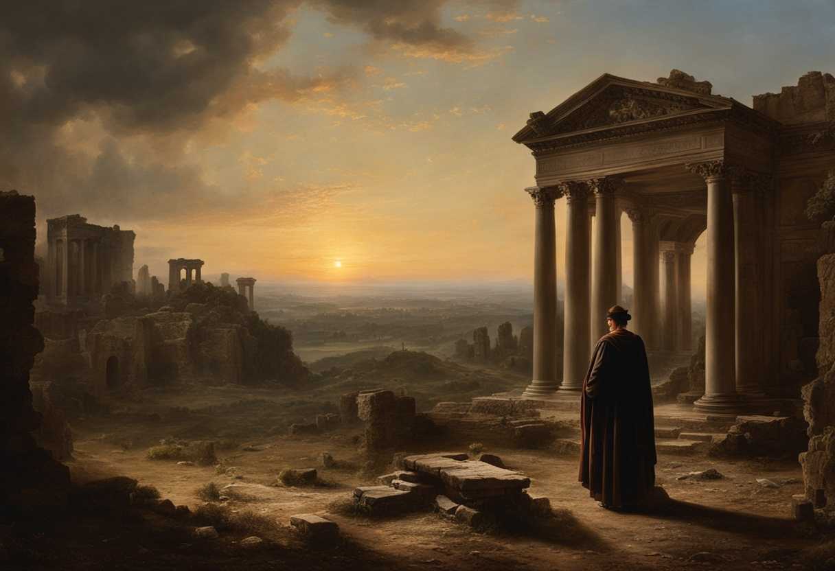 A-lone-figure-stands-amidst-ancient-ruins-at-sunset-surrounded-by-history's-grandeur-and-decay_ocnl