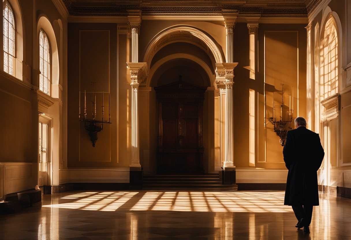 Man-enters-synagogue-bathed-in-warm-light-casting-long-shadows-on-polished-floor_xrvp